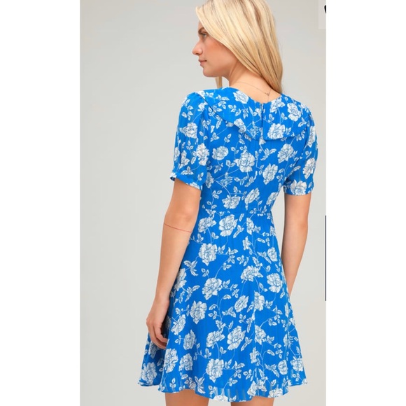 Lulus Ximena Blue Floral Short Sleeve Mini Dress - Picture 2 of 4